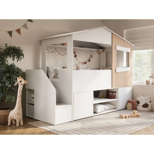 Flair Dreamland House Staircase Mid Sleeper with Storage White & Oak Size: Single White Unisex Single