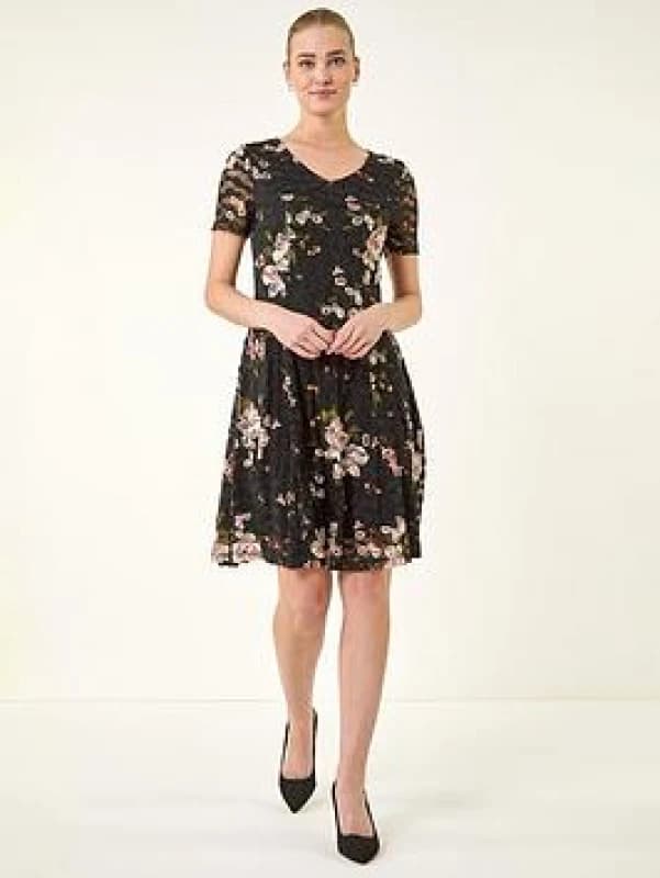 Roman Womens Floral Print Lace Stretch Dress in Black Size: 16 Black Female 16