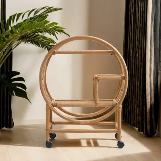Orsina Mobile Rattan Bar Trolley, Sustainable Drink Cart, Versatile Serving Trolley, Compact Rattan Drinks Trolley