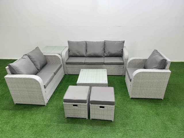 Fimous Patio PE Wicker 8 Seater Outdoor Rattan Furniture Sofa Sets with Square Coffee Table Reclining Chair Loveseat Sofa 3 Seater Sofa Stool Side Tab