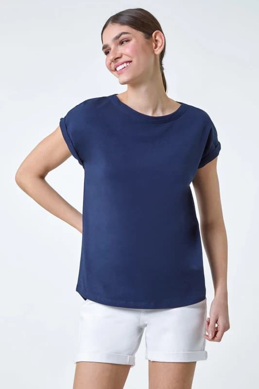 Roman Womens Plain Stretch Cotton Jersey T-Shirt in Navy Size: 10 Navy Female 10