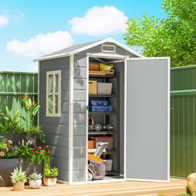 OUTSUNNY 4 x 3ft Plastic Garden Shed, Storage Shed with Window Vent in Light Grey Light Grey Unisex