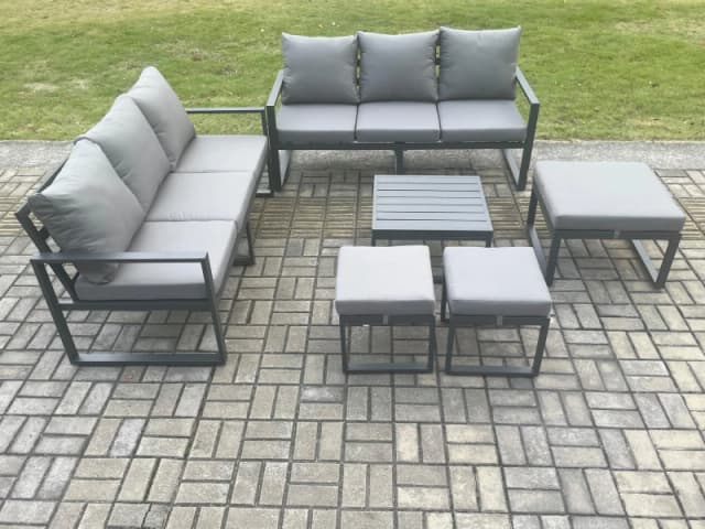 Fimous Aluminium 9 Seater Outdoor Garden Furniture Lounge Sofa Set with Square Coffee Table 3 Footstools Dark Grey Dark Grey Unisex