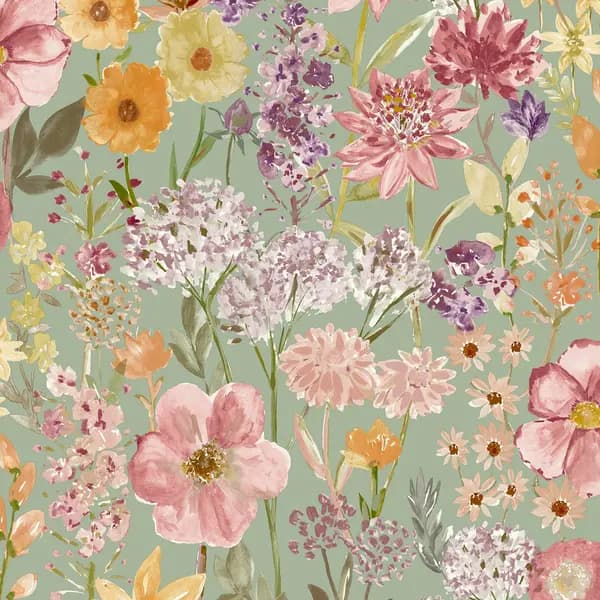 Grandeco Spring Wild Flowers Trail Smooth Wallpaper - Sage Green Green