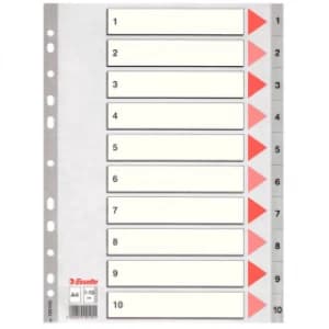 Esselte 100105 A4 Plastic Dividers Grey with 10 Tabs (11 holes)