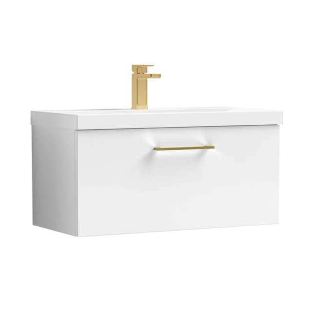 Balterley 800mm Wall Hung 1 Drawer Vanity Basin Unit, Gloss White, Brass Handle in White White Unisex