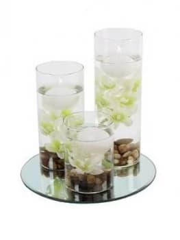 Hestia Set Of 3 Floating Candles With Vases And White Flowers On A Mirrored Base
