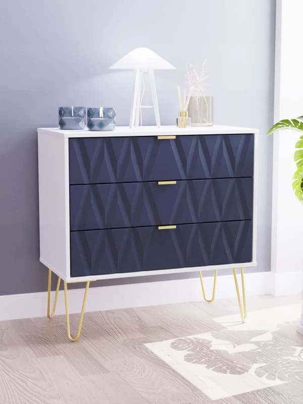 Diamond Ready Assembled Matt Indigo & White 3 Drawer Wide Chest (H)695mm (W)765mm (D)415mm