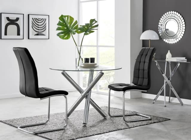 FurnitureboxUK FurnitureboxUK Selina Round Glass Chrome Leg Dining Table and Murano Chairs in Black Size: 4 Person Black 4 Person Unisex 50565426563