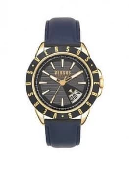 Versus Versace Black And Gold Detail Daydate Dial Black Leather Strap Mens Watch