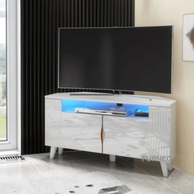 Furneo White Corner TV Stand 100Cm Unit Cabinet Matt & High Gloss Azzurro 06 Brushed Gold Handles Blue LED Lights