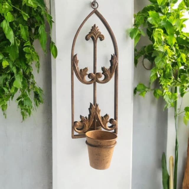 60Cm Rusty Wall Mirror With Single Planter