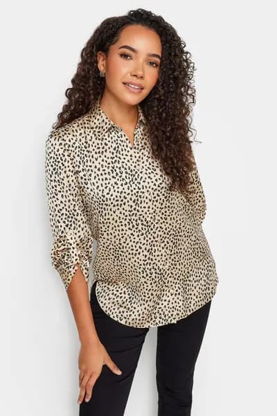 M&Co Animal Print Tab Satin Shirt Brown