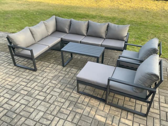 Fimous Aluminium Garden Furniture Set Outdoor Indoor Lounge Corner Sofa 2 Pcs Chair Oblong Coffee Table Sets with Big Footstool Dark Grey Dark Grey Un