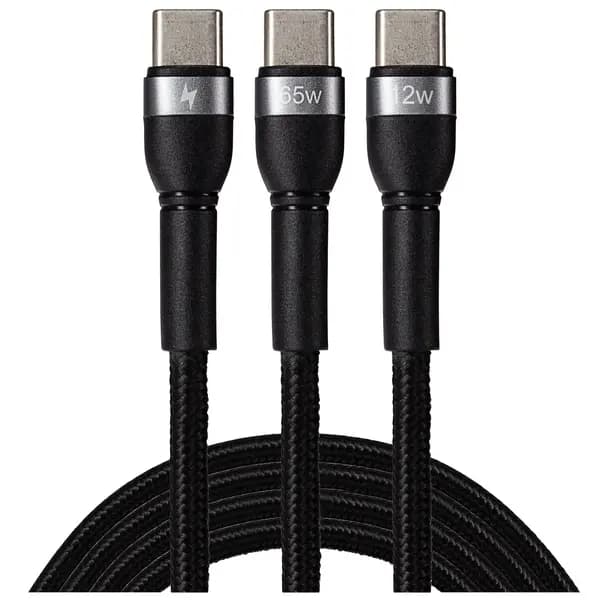 Maplin Maplin PRO 2-in-1 USB-C to USB-C 65W / USB-C 12W Braided Charging Cable - Black 456PAM
