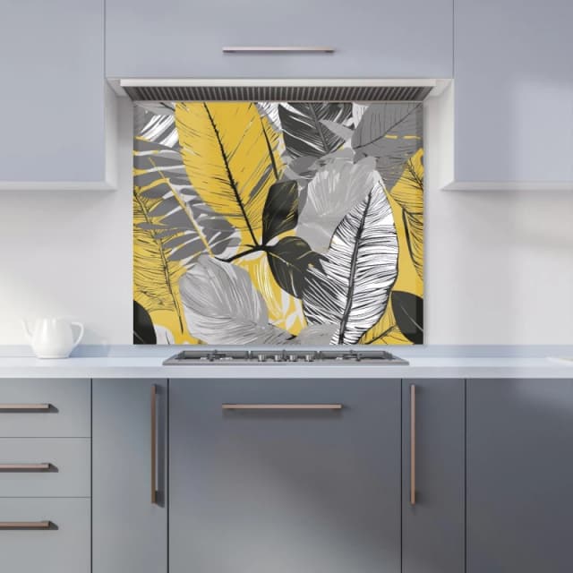Warren Reed - Designer Grey Yellow Floral Leaves Kitchen Splashback Size: 600mm x 750mm Yellow Unisex 600mm x 750mm
