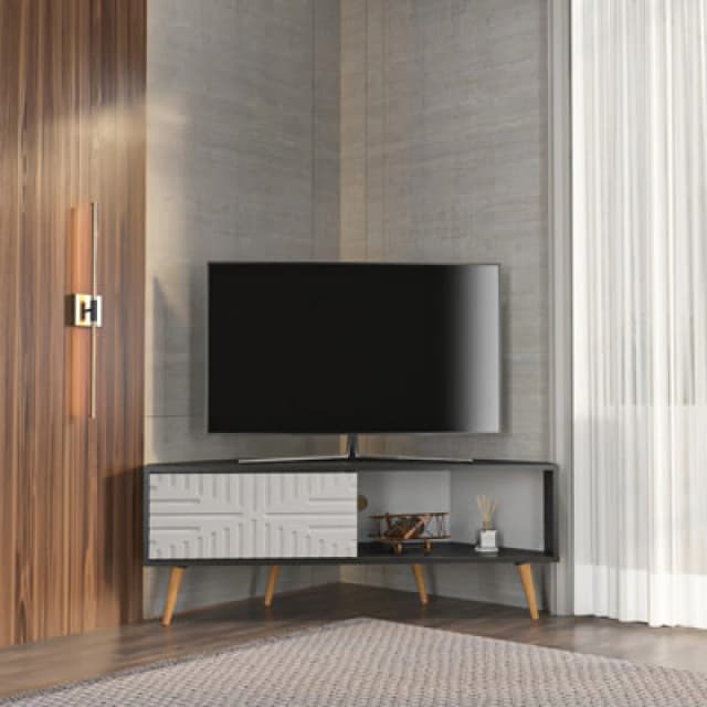 Decorotika Modern Mora Corner TV Unit Black Marble Effect And White