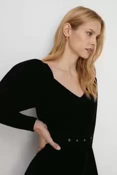 Puff Sleeve Velvet Belted Skater Dress