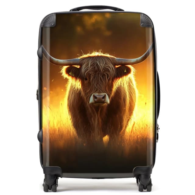 Warren Reed - Designer Highland Cow Sunset Suitcase in Orange Size: Medium Orange Unisex Medium