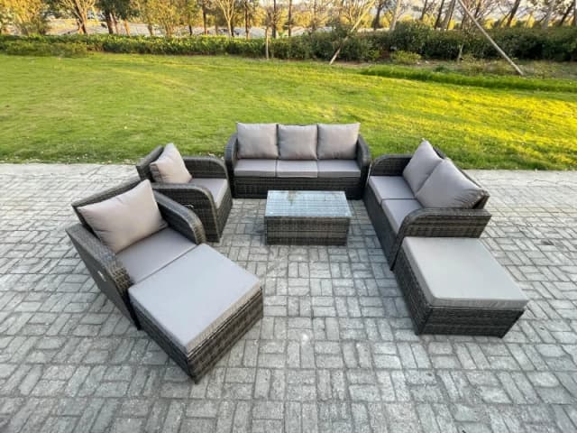 Fimous Wicker PE Rattan Garden Furniture Set 9 Seater Outdoor Lounge Sofa Set with Love Sofa Coffee Table 2 Big Footstool Dark Grey Mixed Dark Grey