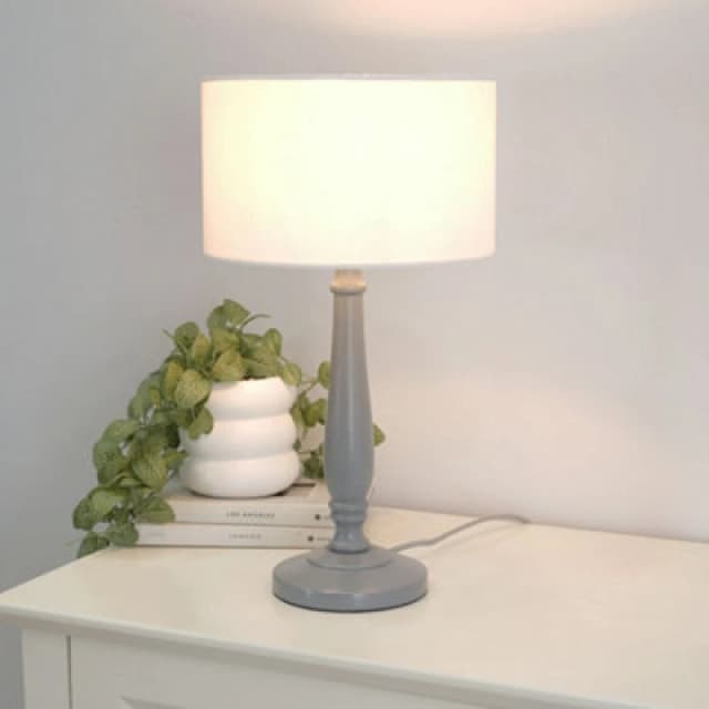 ValueLights Victoria Grey Wood Traditional Table Lamp with Fabric Drum Shade White