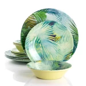 12 Piece Melamine Green Leaves Dinner Set