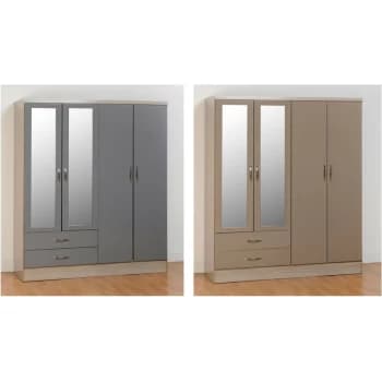 Nevada Oak and Grey Gloss 4 Door 2 Drawer Wardrobe - Seconique