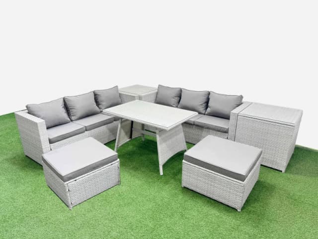 Fimous 8-Seater Patio Rectangular Table 3 Seater Sofa Set With 2 Side Tables 2 Big Stools Light Grey