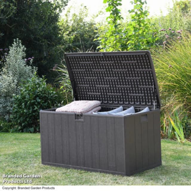 Garden Gear 492L Storage Box In Brown, Outdoor Deck Box, Weather Resistant, Hydraulic Soft-Close Lockable Lid, Wood-Effect Finish