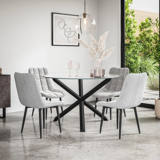 More4Homes Malvern Round Dining Table And Chairs - Clear Glass Table Top W Solid Black Oak Legs + Nova Velvet Dining Chair Set Of 4 (Grey)