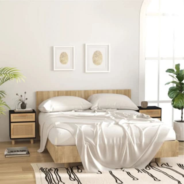 Vidaxl Bedside Cabinets 2 Pcs Black Solid Wood Pine And Natural Rattan