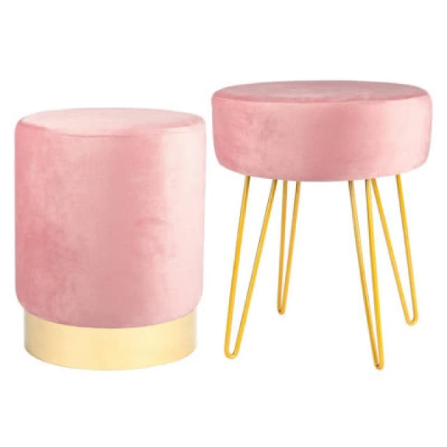 Harbour Housewares 2 Piece Velvet Footstools Set - Pink - Round Luxe Living Room Bedroom Dressing Table Accent Pouffe