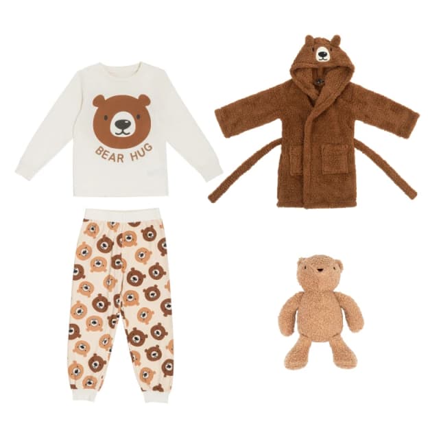 Firetrap Unisex Kids Teddy 4 Piece Dressing Gown Pyjama Set - Brown Brown 4 - 5 Years