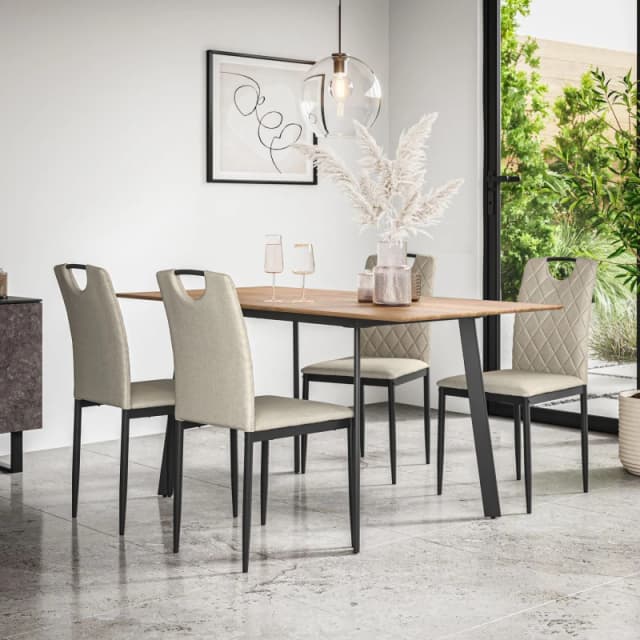 More4Homes Haydon Extending Dining Table And Chairs - Oak Effect Table Top W Black Legs + Monza Linen Dining Chair Set Of 4 (Beige)