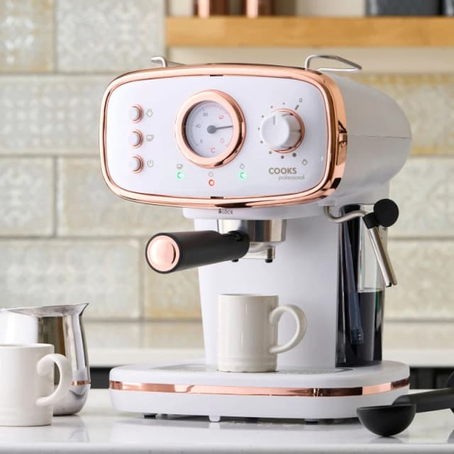 Cooks Professional Coffee Machine Espresso Maker Caffe Barista Pro 15-Bar Pump Frothing Wand White/Copper Copper