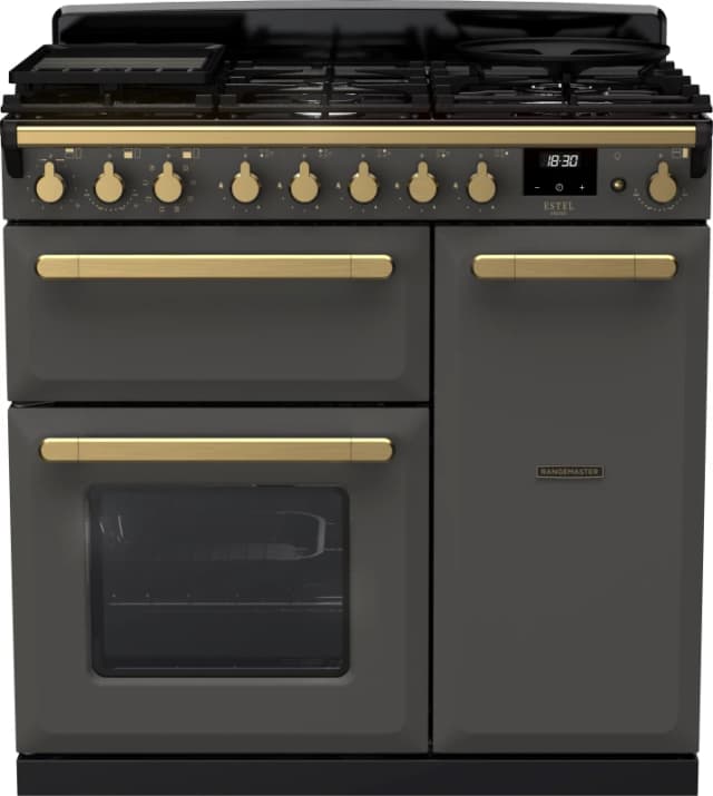 Rangemaster Estel Deluxe ESDL90DFPSLT/AB1 90cm Dual Fuel Range Cooker - Slate / Antique Brass - A/A Rated
