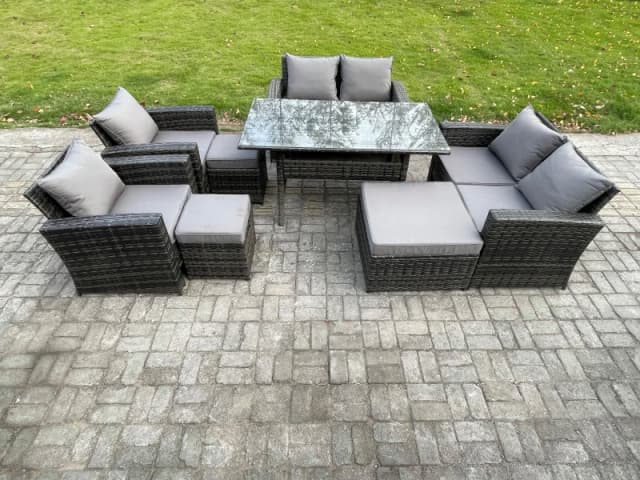 Fimous Garden Furniture Sets 8 Pieces Rattan Furniture Handmade Wicker Patio Sofa Set with 3 Footstools Dark Grey Mixed Dark Grey Unisex