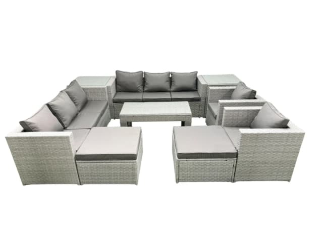 Fimous Outdoor Garden Furniture Rattan Sofa Set with 2 Armchairs Oblong Coffee Table 2 Big Footstools 2 Side Tables Light Grey Mixed Light Grey