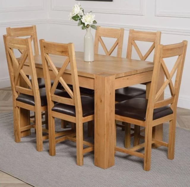 Thats Furniture Kuba 125 x 80cm Chunky Oak Small Dining Table & 6 Berkeley Leather Chairs in Brown Size: 125 x 80cm Brown Unisex 125 x 80 cm
