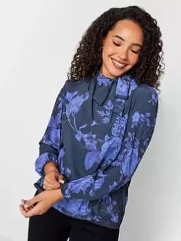 M&Co Floral Bow Neck Bubble Hem Blouse, Blue, Size 10, Women