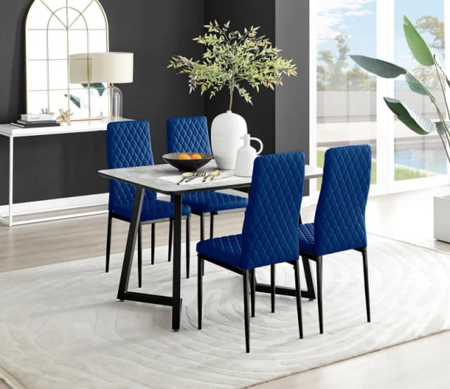 FurnitureboxUK FurnitureboxUK Carson White Marble Effect Dining Table & 4 Velvet Milan Black Leg Chairs in Navy Navy One Size Unisex 5056657144920