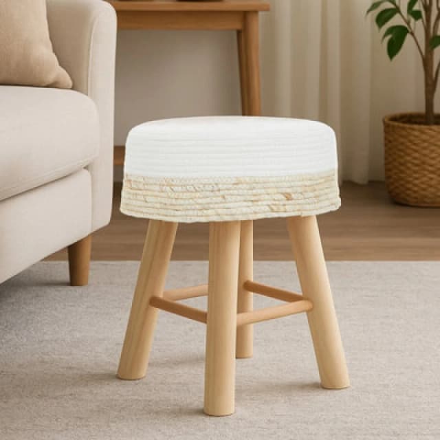 Orsina Stylish Natural And White Stool , Durable Kitchen Stool For Bedroom, Versatile Design Bar Stool For Guests