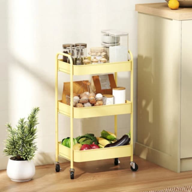 HOMCOM HOMCOM 3 Tier Storage Trolley on Wheels Rolling Utility Cart with 3 Baskets in Yellow Yellow One Size Unisex 5063603049680