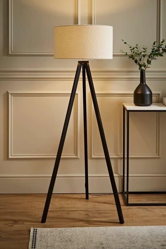 ValueLights ValueLights Barbro Black Wood Tripod Floor Light Lamp with Reni Boucle Shade in Cream Cream One Size Unisex 5059406036484