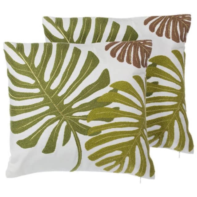 Beliani Set Of 2 Decorative Cushions Zenobia Cotton 45 X 45cm Dark Green Plant Pattern
