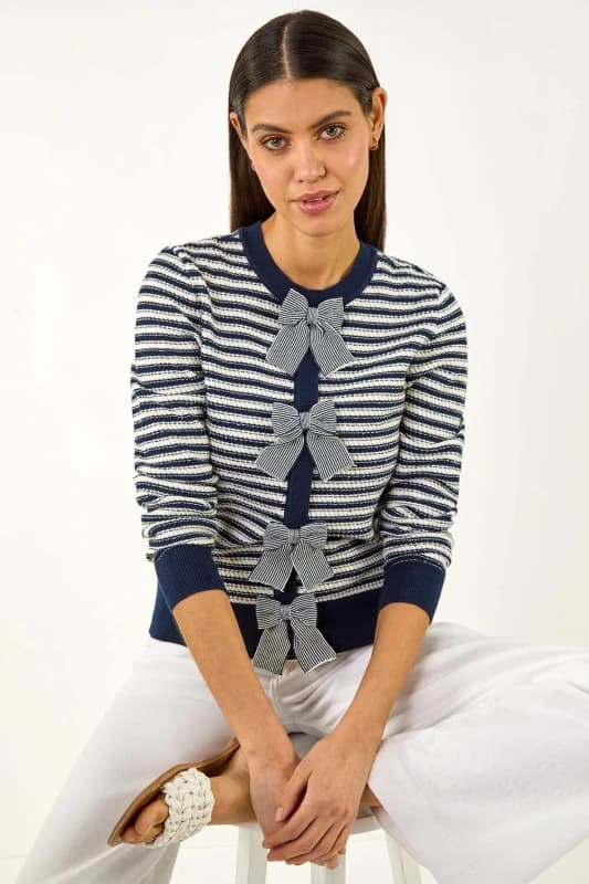 Roman Womens Stripe Bow Front Knit Jumper in Navy Size: 18 Navy Female 18