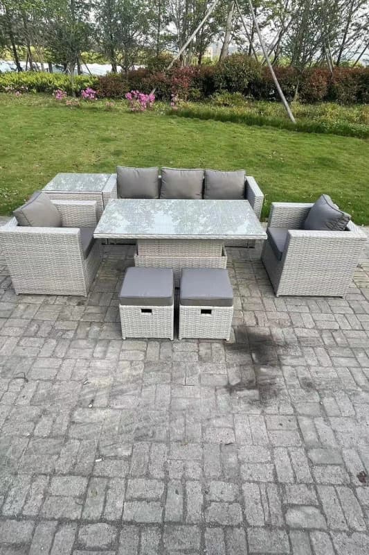 Fimous Rattan Garden Funiture Set Adjustable Rising Lifting Table Sofa Dining Set With 2 Arm Chair Light Grey