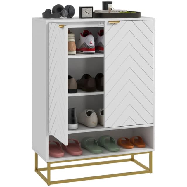 HOMCOM Shoe Cabinet With 2 Chevron Doors, Adjustable Shelf For 12 Pairs, White 837-443V80WT