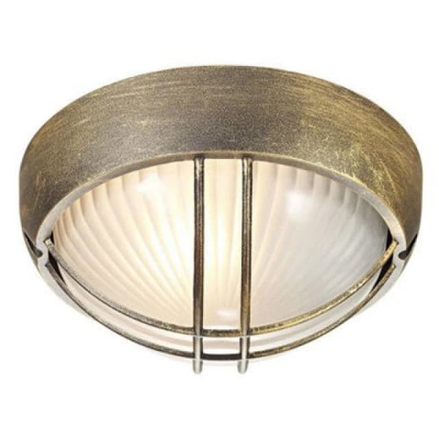 Happy Homewares Black/gold Die Cast Aluminium Outdoor Circular Bulkhead Porch Or Wall Light