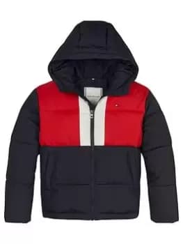Boys, Tommy Hilfiger Kids Hooded Colour Block Padded Jacket - Navy, Size Age: 12 Years